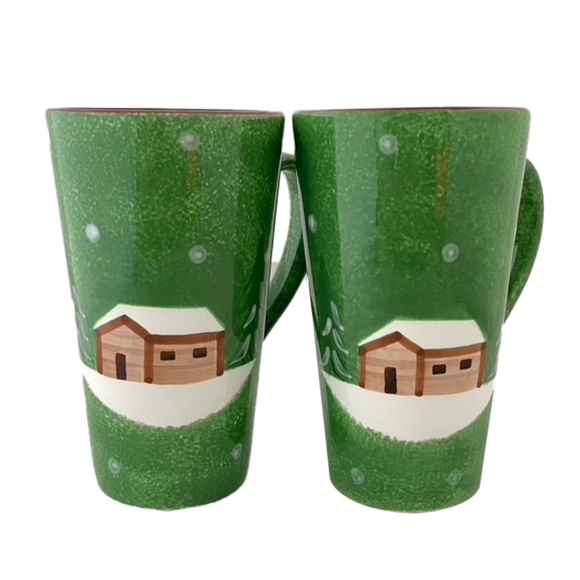 LOG CABIN Christmas by The CELLAR Latte Mug set of 2 NEW Tall Coffee Cups, - Picture 1 of 12